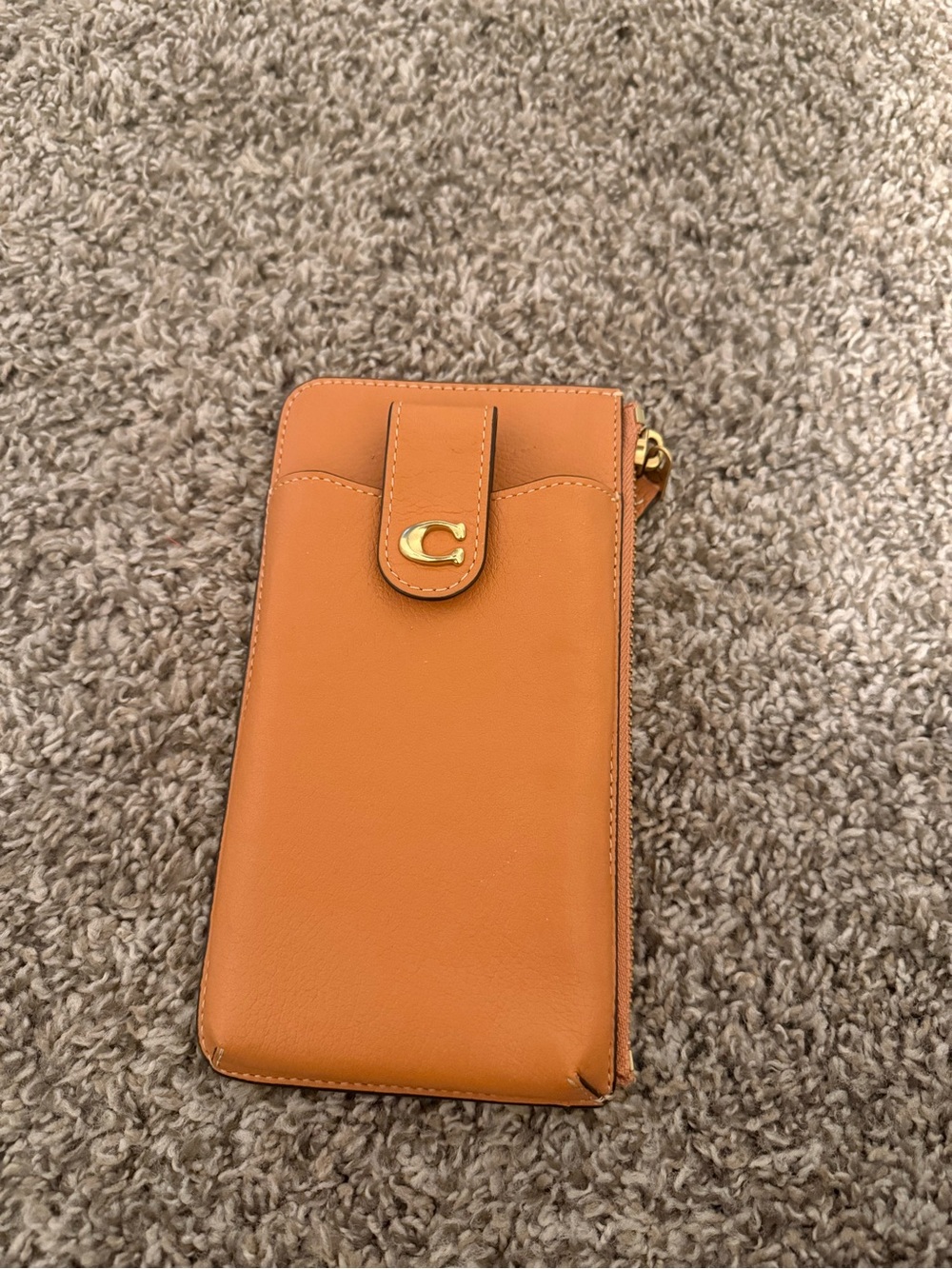 Coach Caramel Leather Zip Phone Wallet with Gold C Logo